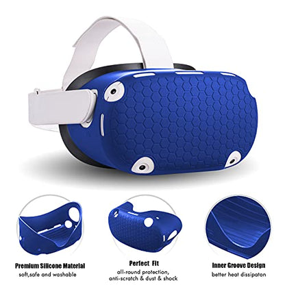 Compatible with Oculus Quest 2 Accessories, VR Silicone face Cover, VR Shell Cover,Compatible with Quest 2 Touch Controller Grip Cover,Protective Lens Cover,Disposable Eye Cover - color: Blue