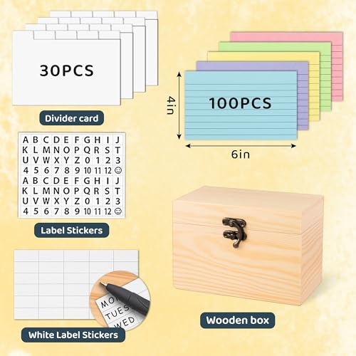 MOBYKE Index Card Holder 4x6, 100 Pcs Heavy-Duty Index Card Business Card Organizer Wooden Recipe Box with Dividers Flash Card Holder with 30 White Dividers, 1 Blank Sticker and 1 Letter Sticker - color: White, size: 4x6