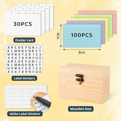MOBYKE Index Card Holder 4x6, 100 Pcs Heavy-Duty Index Card Business Card Organizer Wooden Recipe Box with Dividers Flash Card Holder with 30 White Dividers, 1 Blank Sticker and 1 Letter Sticker - color: White, size: 4x6