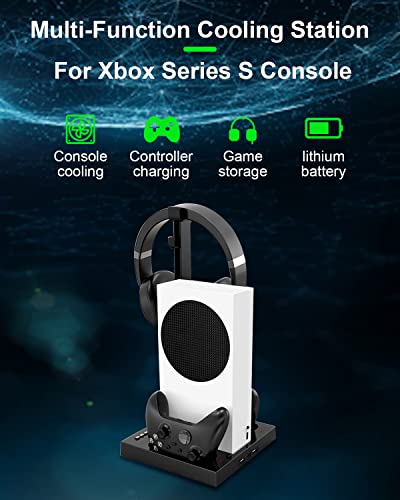 Cooling Fan Stand for Xbox Series S Console with Dual Cooler System, Vertical Charging Station Dual Controller Charger Dock with 2x1400mAh Rechargeable Battery Pack,1 Headset Hanger &4 Type C Adapter