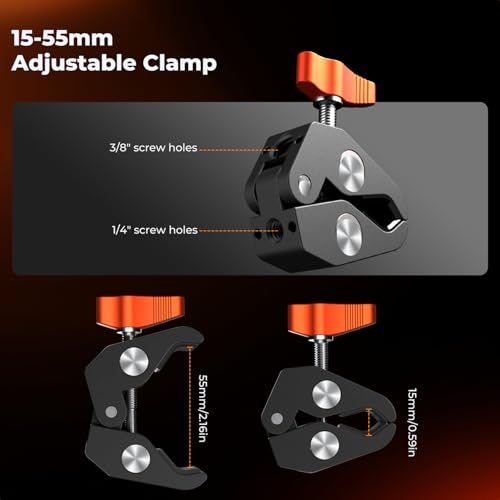 K&F CONCEPT 9.8" Magic Arm Clamp Kit with 1/4" & 3/8" Thread Screw | 360° Ball Heads Camera Mount for Monitor, Flash, LED Light, Microphone, Camera Cage, Action Camera, MS32 - style: 9.8" with Clamp