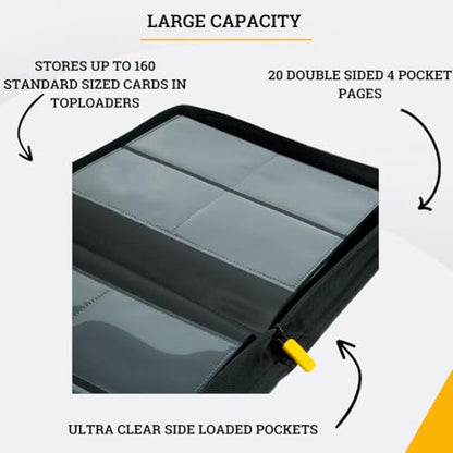Card Guardian - Toploader binder 4 Pocket top loader binder with Zipper for 160 Cards - Side Loaded Pockets - Compatible with Sports and Trading Cards TCG (Black) | Fits 160 Cards, Side Loaded Pockets, Compatible with Sports and Trading Cards, TCG Binder