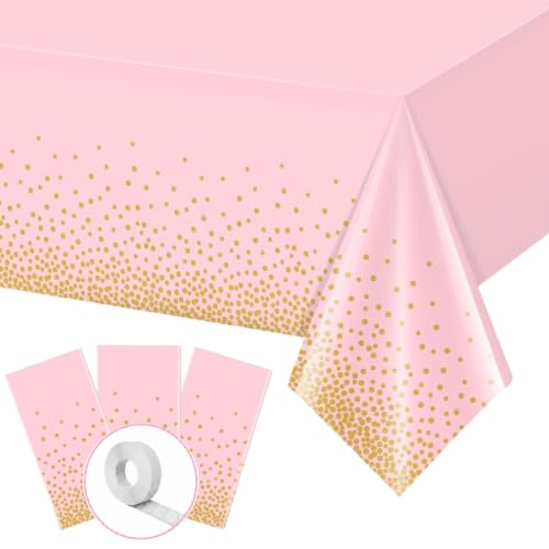 Blue Orchards Pink and Gold Dots Table Cover (Pack of 3 with 20 glue dots) - 54"x108" XL - Baby and Bridal Shower Disposable Tablecloth, Wedding, Graduation Decoration, Picnic, Birthday Party Supplies - color: Pink Gold (Pack of 3)