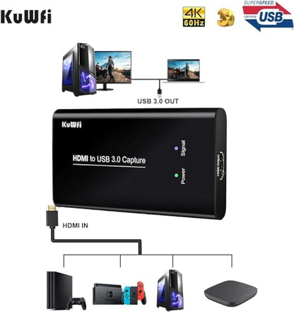 KuWFi HDMI to USB3.0 Audio Video Capture Cards Game Streaming Live Stream Broadcast 1080P for All HDMI Devices Such as Laptop/PS4/Swi/Xbox