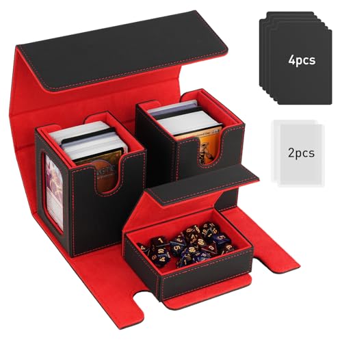 TiMOVO MTG Deck Box, Magnetic Trading Card Storage Case, Black+Red | Holds 400+ Sleeveless Cards, 4 Dividers & Dice Tray, 2 Detachable Commander Card Deck Boxes, For Magic Game Cards - color: Black & Red