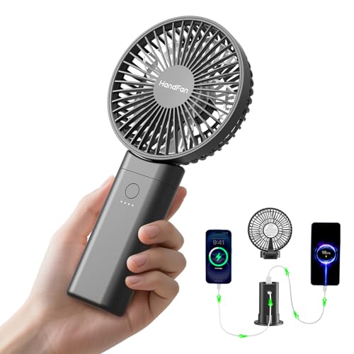 HandFan Upgraded 10,000 mAh Quiet Handheld Fan - 4.5 Inch Large Hand Held Fans Reahargeable, 180° Foldable Portable Fan [30 Working Hours] with Lanyard, Base for Disney/Travel/Concerts/Beach/Office - color: Clear‑Blade Black