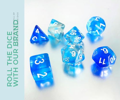 Blue DND 주사위 7개 세트 (클리어 블루-화이트) | D&D, 던전 앤 드래곤, CoC, MTG, TTRPGs 게임 액세서리용 투명 다면체 주사위 세트 - D20 시스템 게임 - color: 투명 블루 & 화이트