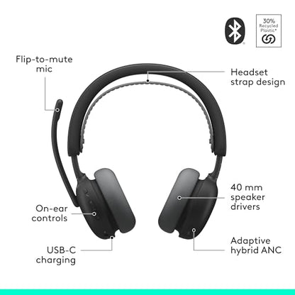 Logitech Zone Wireless 2 ES Noise Canceling Headset - Black | Noise-canceling wireless headset, adaptive hybrid ANC, Bluetooth connectivity - color: Black, style: Wireless