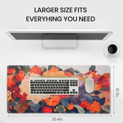 Extended Mouse Pad, Floral Design, 35.4 x 15.7 Inches, Microfiber Cloth Surface, Non-Slip Rubber Base, Rectangular Desk Mat for Gaming and Work - color: Dm13-blooming Flowers