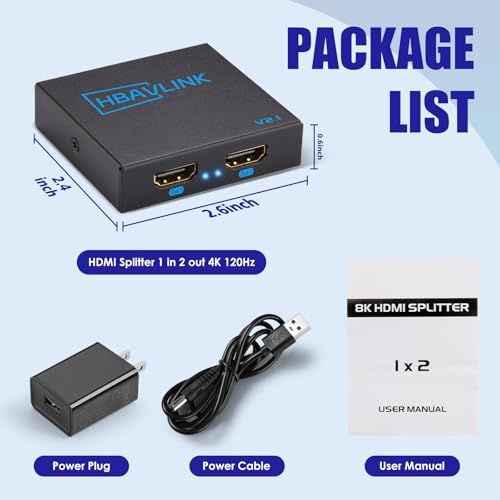 HDMI Splitter - HDCP, HDR, Dolby/DTS5.1/7.1 - Compatible with Firestick 4k Max, PS3/PS5 & Elgato HD60s/x/Pro, Apple TV 4K, Retrotink, Roku soundbar, NOT for Phone (HB-SP102B-8K) - size: Splitter 1x2 8K@60Hz