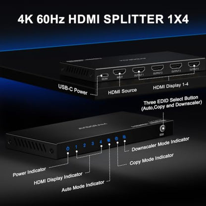HDMI Splitter 1 in 4 Out 4K 60Hz 4:4:4, AVIDGRAM HDMI 4 Port Splitter with Copy, Downscaler, and Auto Mode for Four Identical Display Support 1080p 120Hz HDCP 2.2 HDR10 18Gbps 3D (Mirror Only) - size: 4K 60Hz HDMI Splitter 1 in 4 Out