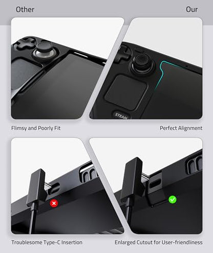 Syntech Protective Silicone Case for Steam Deck OLED & LCD - Black | Upgraded Zero-Gap Fit Fixes Edge Sagging, All-Round Shock Absorption, Non-Slip Grips & Complimentary Thumb Caps Included - color: Black