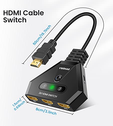 HDMI Switch 4K HDMI Splitter, Automatic HDMI Switch 3 in 1 Out with Pigtail HDMI Cable, 3 Ports HDMI Switcher Support HDCP 2.2 Full HD 4K 1080P 3D for Fire Stick Apple TV PS5 PS4 Xbox PC
