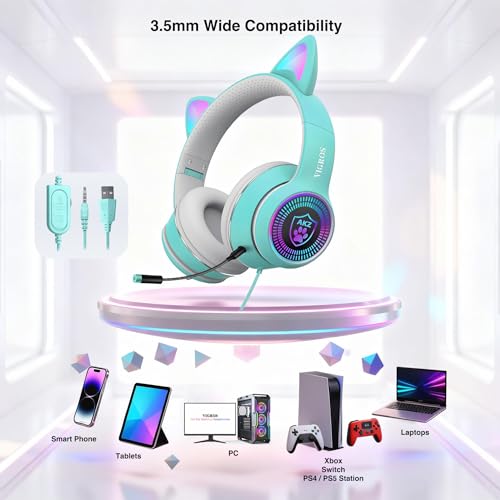 Cat Ear Gaming Headphones Wired AUX 3.5mm with LED Light, VIGROS Flashing Stereo Game Headphones Surround Sound Over-Ear Headsets with Microphone Fit Kids & Adult for PC, PS4, Switch, Mobile, Laptop - color: Light Blue