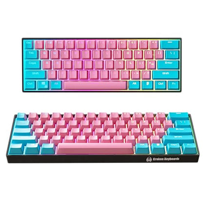 Kraken Keyboards Pro 60 Percent Keyboard 60% Gaming Keyboard Mechanical - Blue & Pink - HOT SWAPPABLE - for Gaming On PC, Xbox, PlayStation & MAC (Cotton Candy | Silver Switches)