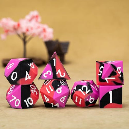 Silicone D&D Dice, 7pcs Rubber Polyhedral DND Dice Set, Sharp Edges Soft Perfect Bouncer for Dungeons and Dragons, RPG, MTG (D4, D6, D8, D10, D12, D20, D%) for Ages 15 and Up - color: Red Black Rose Red