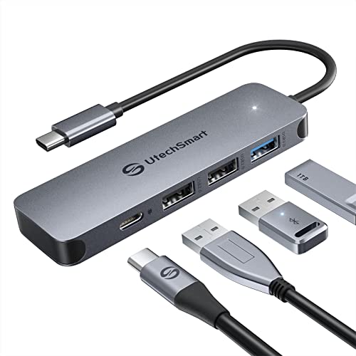 UtechSmart USB Hub, 4-Port USB 3.0 Hub, Ultra-Slim USB Adapter for Laptop, 5Gbps Fast Data Transfer, USB 3.0 Splitter for Dell, HP, MacBook (Grey) - color: Grey