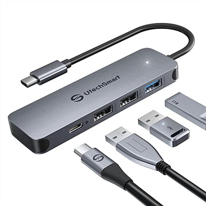 UtechSmart USB Hub, 4-Port USB 3.0 Hub, Ultra-Slim USB Adapter for Laptop, 5Gbps Fast Data Transfer, USB 3.0 Splitter for Dell, HP, MacBook (Grey) - color: Grey