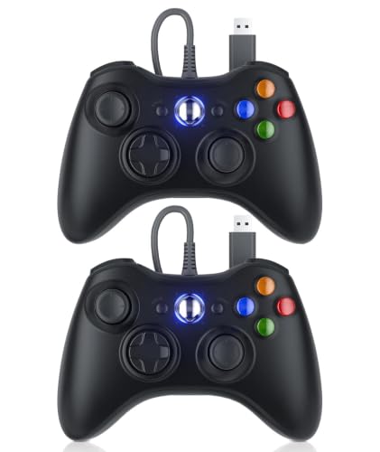 Dinosoo 2 Pack Replacement for Xbox 360 Controller Wired, PC Controller Compatible with Microsoft Xbox 360 & Slim/PC, with Upgraded Joystick, Double Shock, Voice Function Black - color: Deep Black