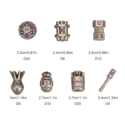 UDIXI Metal DND Dice Set 7PCS Nickel RPG Polyhedral Metal D&D Dice Set | Bomb Shape, Purple Numbers, Solid Metal, Cool Design, Leather Pouch Pakaging, for Dungeons and Dragons Role Playing Games - color: Nickel Purple