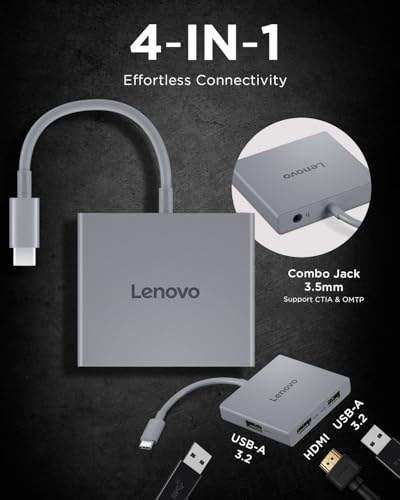 Lenovo USB-C 4 in 1 Travel Hub Block with Integrated Cable, 1x HDMI 4K @ 60Hz, 2X USB-A 3.2, 1x 3.5mm Combo, Luna Grey – Portable, Compact, High-Speed Connectivity Laptops PC Gaming Console Charging