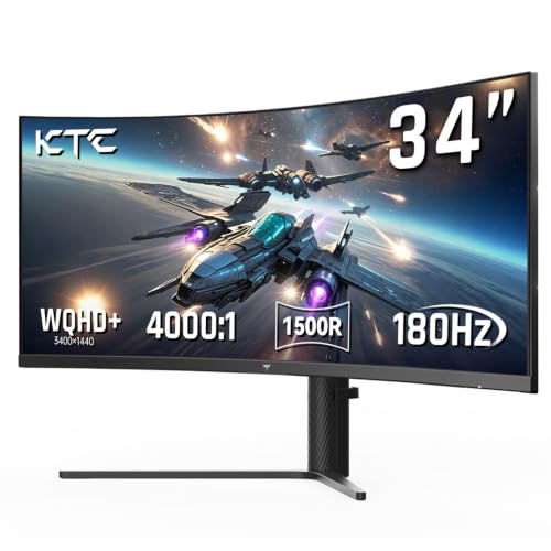 KTC 34 Inch 180Hz WQHD Ultrawide 3440X1440 Curved Gaming Monitor, H34S5 | 1500R Curvature, PIP/PBP, 4000:1 Contrast, FreeSync, HDR, VESA, Tilt Swivel Height Pivot Adjustment - color: Black, size: 34-inch