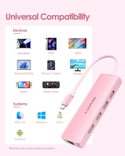 LENTION 5 in 1 USB C Hub, 1000Mbps Ethernet, 4K HDMI, 3xUSB 3.0 | Access Gigabit Ethernet, Stable Driver 3.0, Optimized for Dual USB‑C Laptop, Compatible with macOS & Windows (C25 Rose Gold) - color: Rose Gold