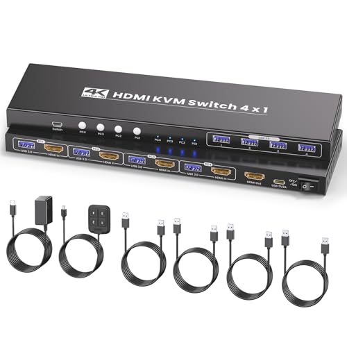 4K@60Hz HDMI KVM Switch 1 Monitors 4 Computers, USB 3.0 4 Port HDMI KVM Switch for 4 Computers Share 1 Set of Keyboard, Mouse, Monitor and 4 USB 3.0 Ports - color: 4K 1 Monitors 4 Computers