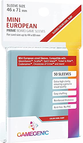 Prime Board Game Sleeves | Pack of 50 Extra-Clear Sleeves |46 by 71 mm Card Sleeves Optimized for Use with Mini European Card Games | Premium Card Protection | FFG Ruby Color Code | Made by Gamegenic