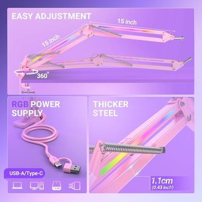 FIFINE AmpliGame BM38P Metal RGB Microphone Boom Arm for Gaming Streaming | Adjustable Suspension Scissor Mic Stand, Desk Mount Clamp, 3/8” to 5/8” Screw Adapter - color: Pink