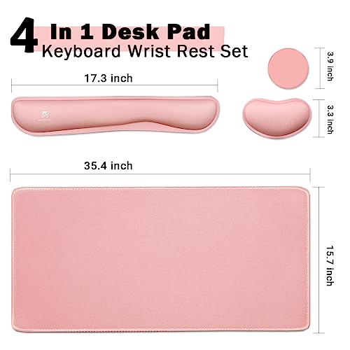 4-in-1 Large Gaming Mouse Pad, Keyboard Wrist Rest Pad & Wrist Support Mousepad Set, Extended Desk Pad Waterproof Desk Mat for Home Office Study Game-Pink - color: Pink