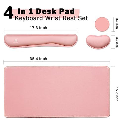 4-in-1 Large Gaming Mouse Pad, Keyboard Wrist Rest Pad & Wrist Support Mousepad Set, Extended Desk Pad Waterproof Desk Mat for Home Office Study Game-Pink - color: Pink