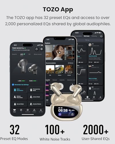 TOZO NC20 Pro Active Noise Cancelling Wireless Earbuds, Smart LCD Screen | LDAC Hi-Res Audio, Stereo Bass, 6 Mics AI Call Ear Buds, 80H Playtime, IPX8 Waterproof, 32 EQ via App, Wireless Charging - color: Champagne