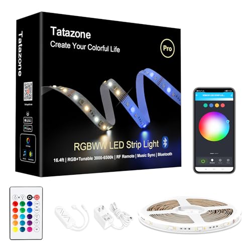 Tatazone RGBWW Bluetooth LED Strip Lights, 16.4FT Tunable White 3000K to 6500K+RGB Led Light Strips, Music Sync Color Changing Indoor LED Rope Lights with App and Remote for Cabinet, Bedroom, TV - style: Bluetooth-16.4ft-Not Support Alexa and Google