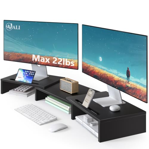 WALI Extra Long Wooden Dual Monitor Stand Riser with 2 Slots, up to 22lbs | Underneath Storage, Adjustable Length & Angle, Multi-Purpose Desktop Organizer Desk Shelf for Home Office PC, Laptop, Printer - color: Black, size: 31.2"L * 10.8"W