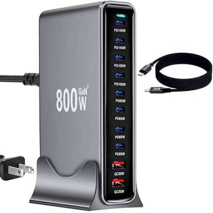 800W USB C Fast Charger Block, Multi-port USB Charging Station, GaN Ⅲ Double 140W PD PPS Port Fast Charging Station for Multiple Devices,Laptop Wall Charger Compatible with iPhone 17,iPad, MacBook etc - size: 800W+A 240W Braided Nylon Fast Charging Cable