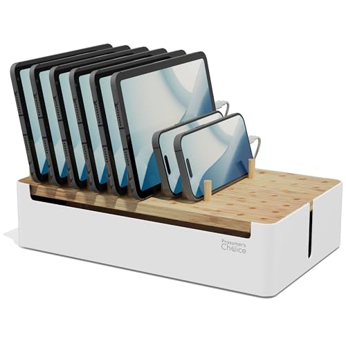 Prosumers Choice Bamboo Charging Station for Multiple Devices - Wooden Charger Organizer with Removable Dividers for Phones, Tablets, and Laptops - 11 Inch Cable Organizer Box - Space-Saving Desk Dock - color: Metal & Bamboo White