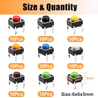 TWTADE 160PCS Momentary Tactile Touch Micro Push Button Switch tact 6x6x5mm Tactile Switch kit,Each Color 20PCS Red Blue Black Green White Yellow Brown - color: 8 Colors-4 Pin 6x6x5mm