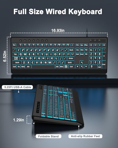 EDJO Large Print Backlit Wired Keyboard,7-Colors Backlight | Full Size ,Oversize Letters Light Up Keys,Compatible for Windows, Laptop, PC