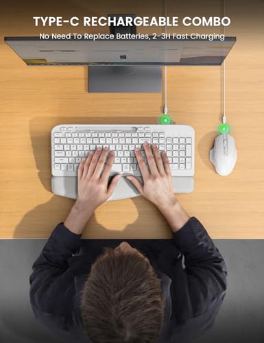 Wireless Keyboard and Mouse Combo with Ergonomic Wave Key | Leather Soft Palm Rest, Rechargeable, 4-Level DPI, Phone Holder, 2.4GHz, MA22 Plus Full Size Set for PC, Laptop, Windows, Mac - color: Cloudy White