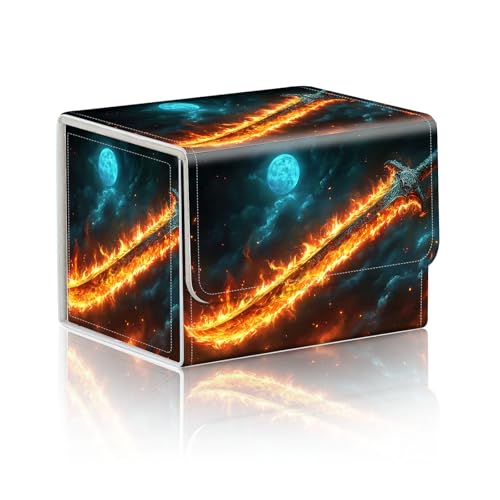 Trading Card Storage Box, Holds 100+ for MTG Cards, PU Leather with Magnetic Closure, Flaming Fantasy Sword Moon Durable Deck Box for Magic the Gathering, Trading Card Games - color: Flaming Fantasy Sword Moon