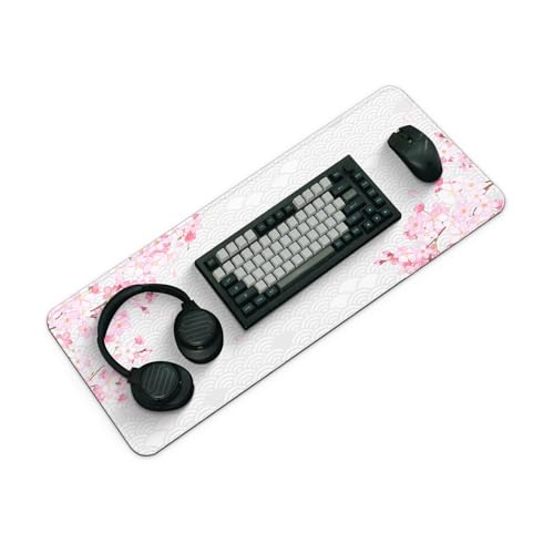 Gaming Mouse Pad with Anti-Slip Rubber Base, Extended Large Computer Mouse Mat with Stitched Edges, Long XL Anime Mousepad for Laptop and Keyboard, 31.5 x 11.8 inch (Grey Cherry Blossom) - color: Grey Cherry Blossom