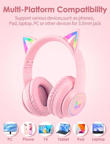 Cat Ear Bluetooth Headphones with Micphone for Kids & Adults, LED Light Up Wireless HI-FI Sound Quality, Over-Ear Headphones with Volume Control for iPhone/iPad/Laptop/PC(55H Play Time) - style: Adults-105dB-Pink
