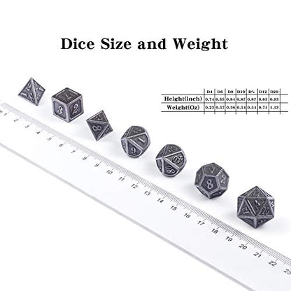 DnDnD Acient Silver Metal DND Dice Set, 7PCS D&D Metal Dice with Metal Case for Dungeons and Dragons, Shadowrun, Pathfinder, Savage World and Table Games - color: Ancient Silver