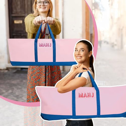 Mahjong Bag for Tiles and Racks Empty American Mahjong Tiles Carrying Tote 31.5 x 12 x 4 Inch Canvas Tile Game Accessory Gift for Pusher Rack Mat Carrying, Case Only(Pink and Dark Blue) - color: Pink and Dark Blue