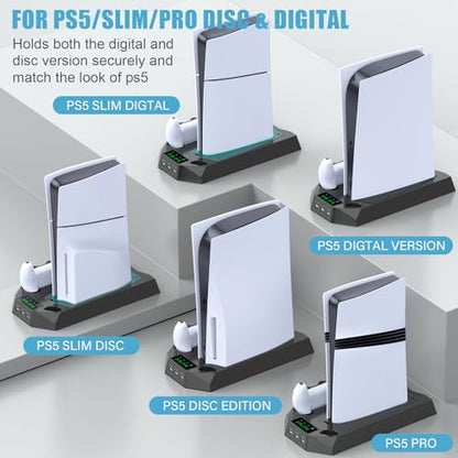 PS5/PS5 Slim/PS5 Pro Stand and Cooling Station with Dual Controller Charging Station for PlayStation 5 Console, PS5 Accessories Incl. Controller Charger, Cooling Fan, Headset Holder, 3 USB Hub, Black - color: Black