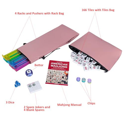 American Mahjong Set with Storage Bag, 166 White Tiles, 4 All-in-One Rack/Pushers, Mahjong Tiles Set (Ma Jong, Mah-Jongg, Majiang) - color: Nude Pink
