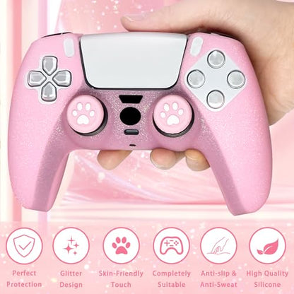 Pink Glitter Anti-Slip Protective Silicone Cover Skin Grips Compatible with PS5/Slim/Pro Controller,8 PCS Glitter Thumb Grips Caps and 2 Grips Caps. (Glitter Pink)