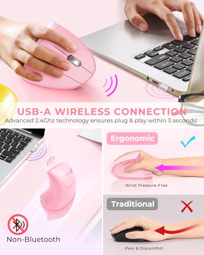 Lekvey Ergonomic Mouse, Vertical Wireless Mouse, Rechargeable 2.4 GHz USB Optical Carpal Tunnel Mice : 800/1200 / 1600 DPI, 6 Buttons, for Laptop, PC, Mac, Computer, Desktop, Notebook etc, Pink - color: Pink