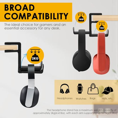 2 Pack Dual Headphone Hanger for Desk | Under Desk Hook, 360° Rotating, Clamp Mount, No Drill, Cable Clip